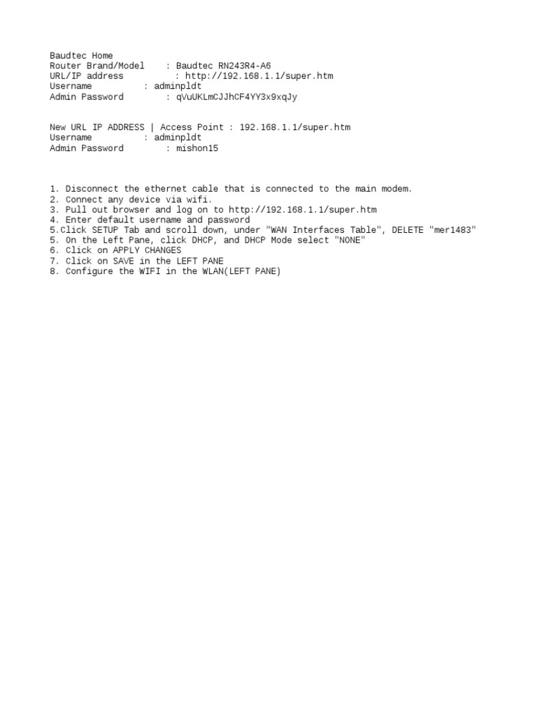 Configuration Instructions for the Baudtec RN243R4-A6 Home Router | PDF