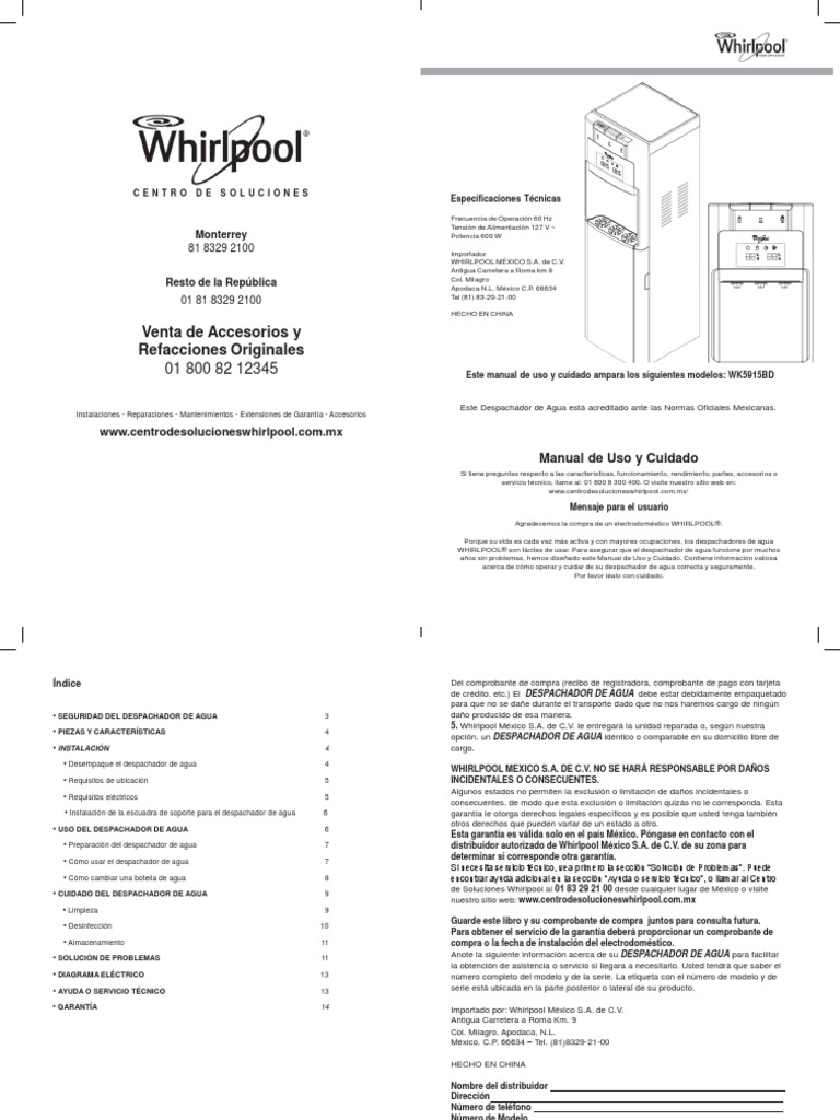 wk5915bd Manual de Uso y Cuidado PDF | PDF | Agua | Tornillo