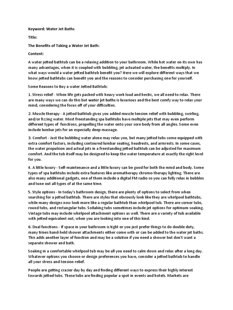 Keyword Water Jet Baths Title The Benefits of Taking A Water Jet Bath