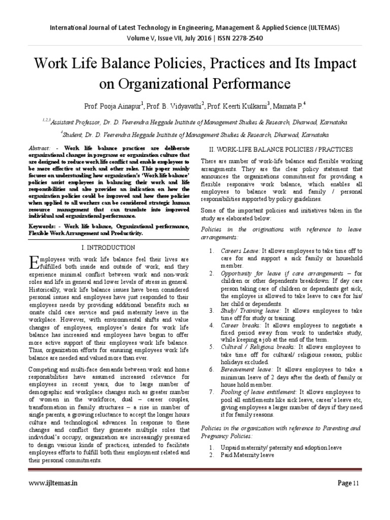 Work Life Balance Policies, Practices and Its Impact On Organizational ...