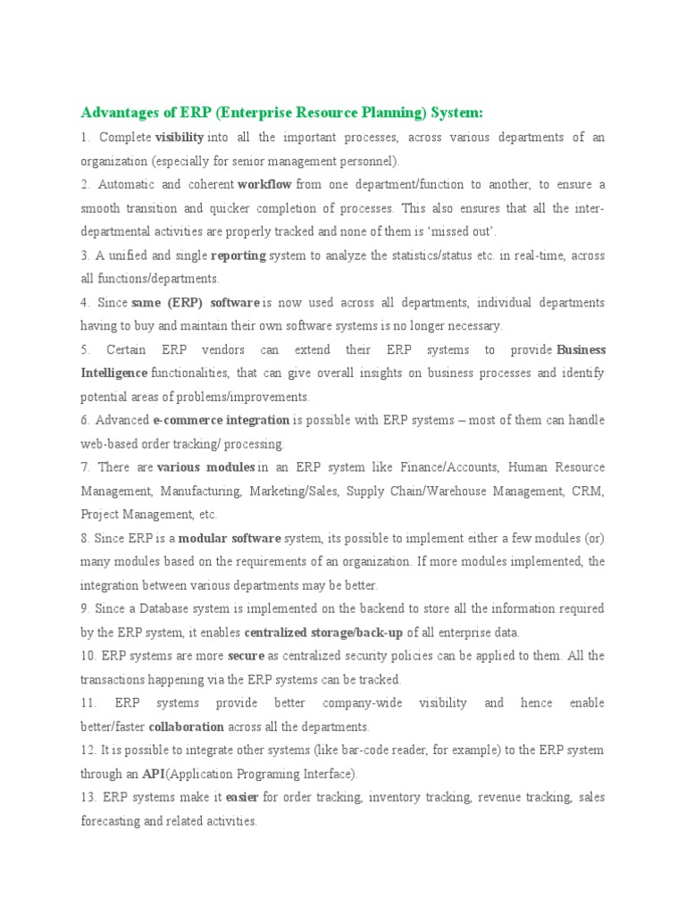 Advantages of ERP (Enterprise Resource Planning) System | PDF