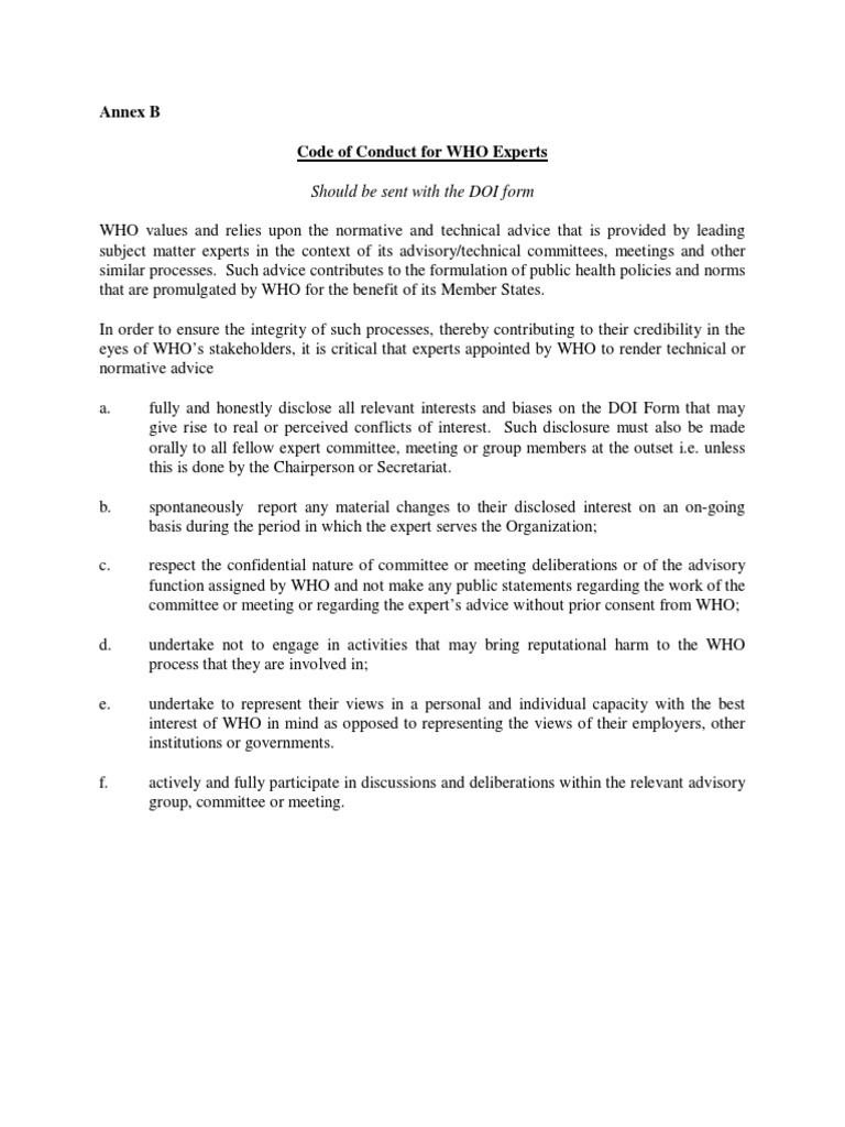 Annex B Code of Conduct For WHO Experts: Should Be Sent With The DOI ...