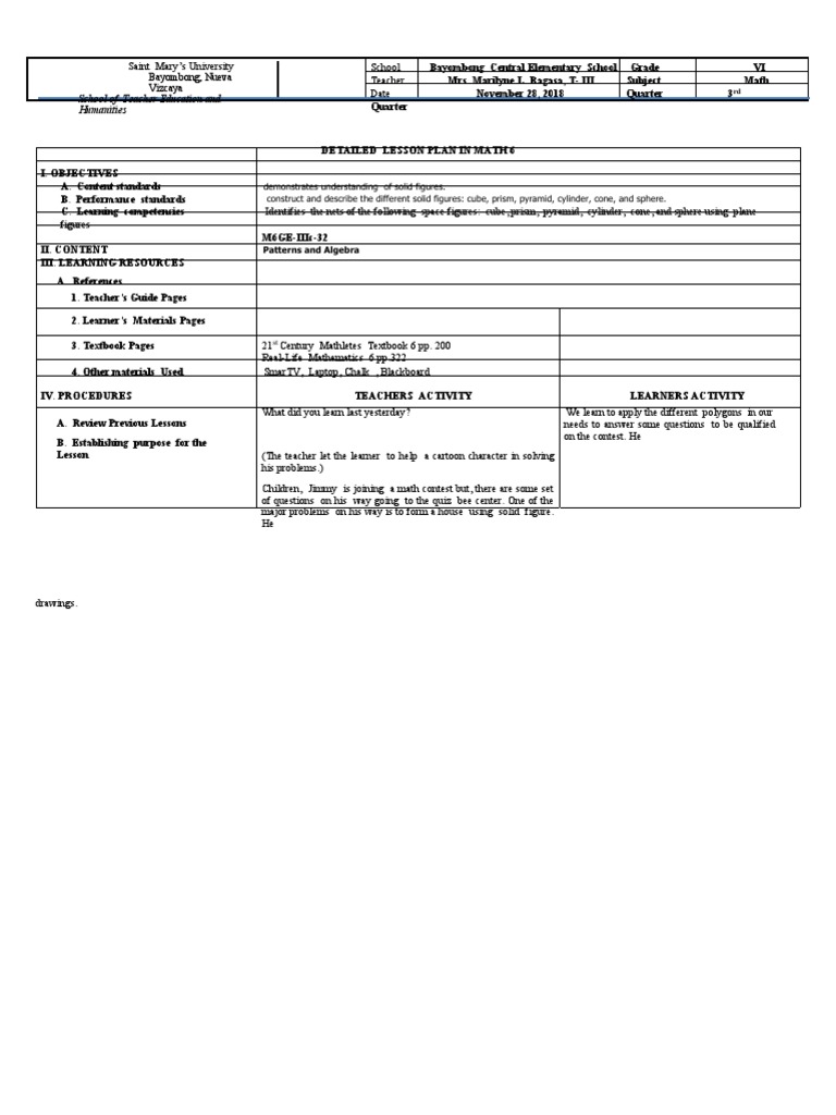 Math Lesson Plan: Solid Figures for Grade 6 | PDF | Teaching ...