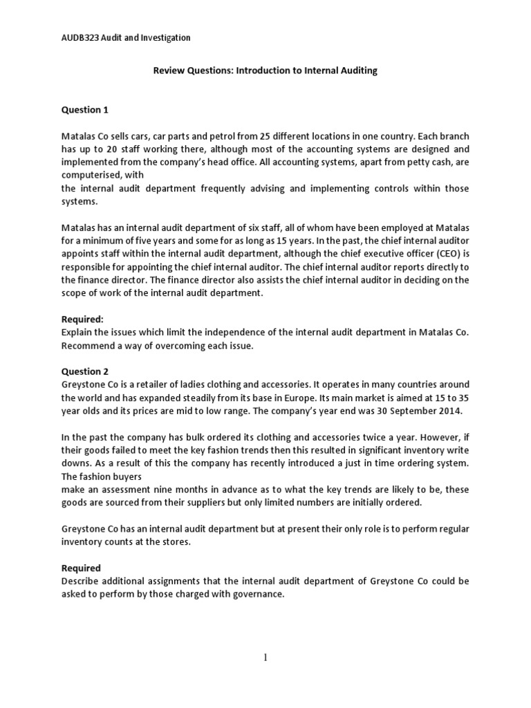 Review Questions: Introduction To Internal Auditing: AUDB323 Audit and ...