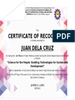 Juan Dela Cruz Certificate of Recognition: "Science For The People: Enabling Technologies For Sustainable Development"