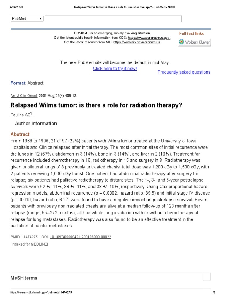 Role of Radiation in Relapsed Wilms Tumor | PDF | Pub Med | Radiation ...