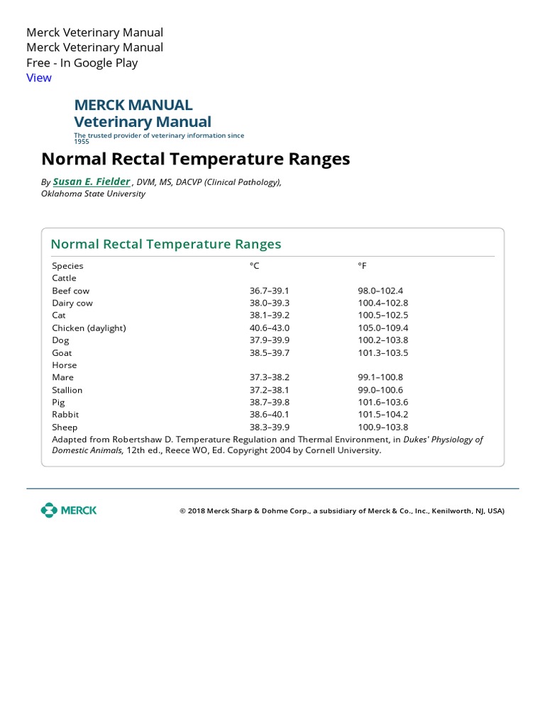 Normal Rectal Temperature Ranges Special Subjects Merck Veterinary Manual PDF