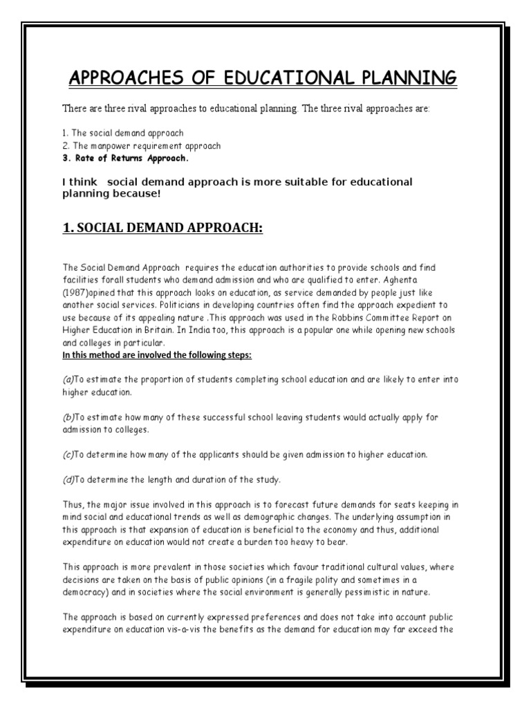 Approaches of Educational Planning PDF Human Resources Resource