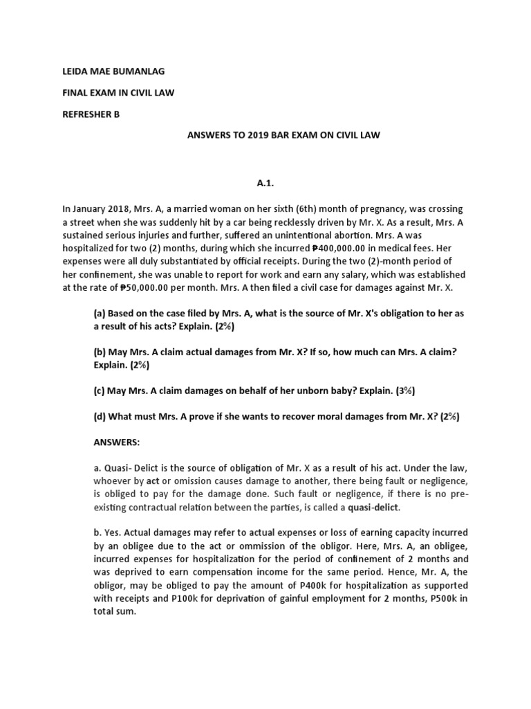Final Exam 2019 Bar Question Civil Law PDF Guarantee Surety