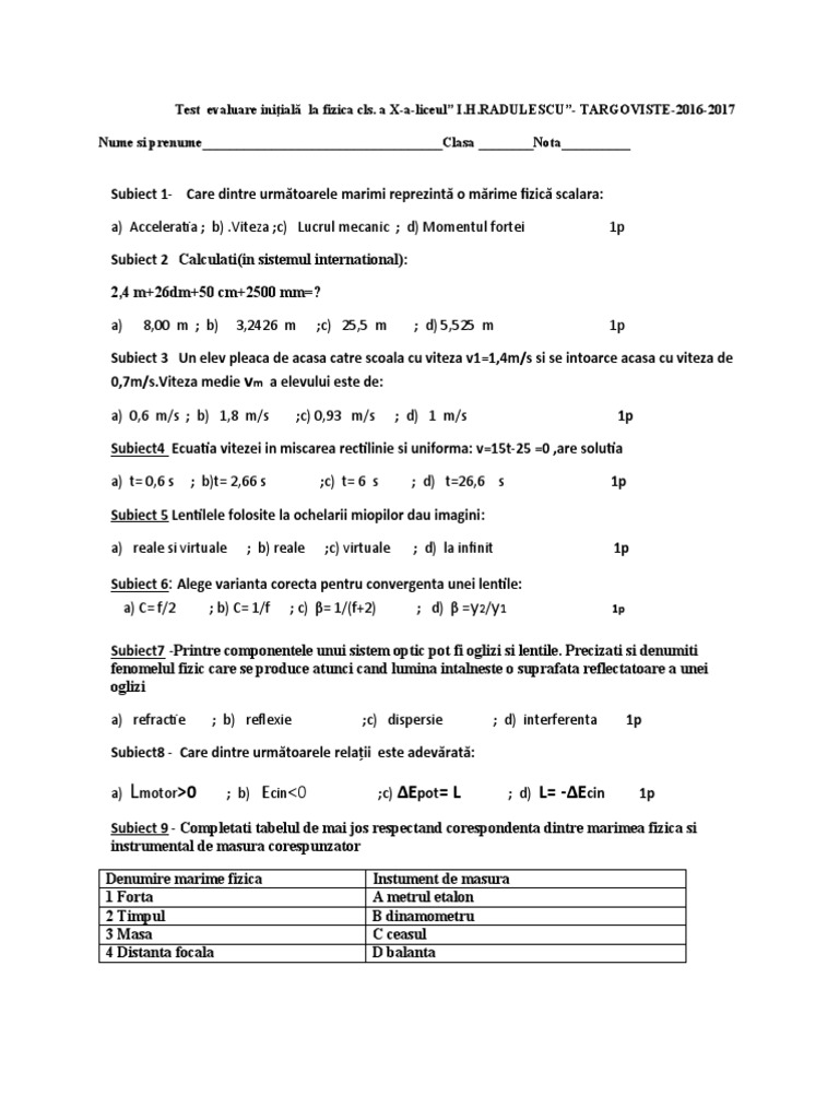 Test Evaluare Iniţială La Fizica Cls X | PDF