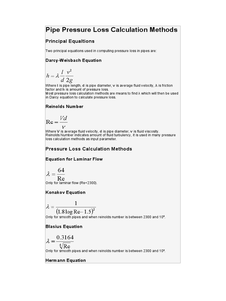 Pipe Pressure Loss Calculation Methods PDF Reynolds Number Liquids