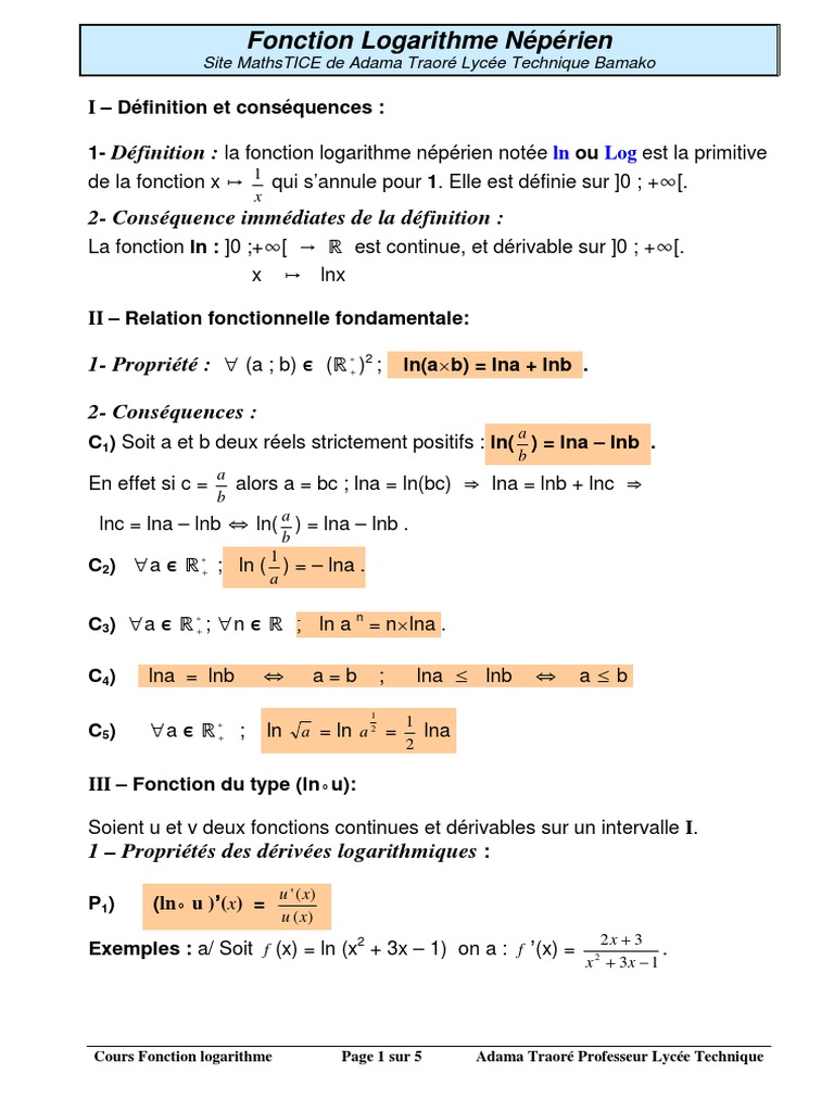 Etude De Fonction Logarithme Exercice Corrigé Pdf Courloga PDF | PDF | Limite (mathématiques) | Asymptote