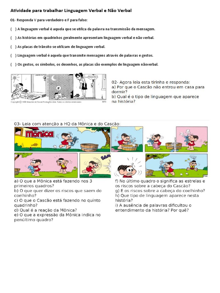 Atividade sobre Linguagem Verbal e Não Verbal | PDF | Artes ...