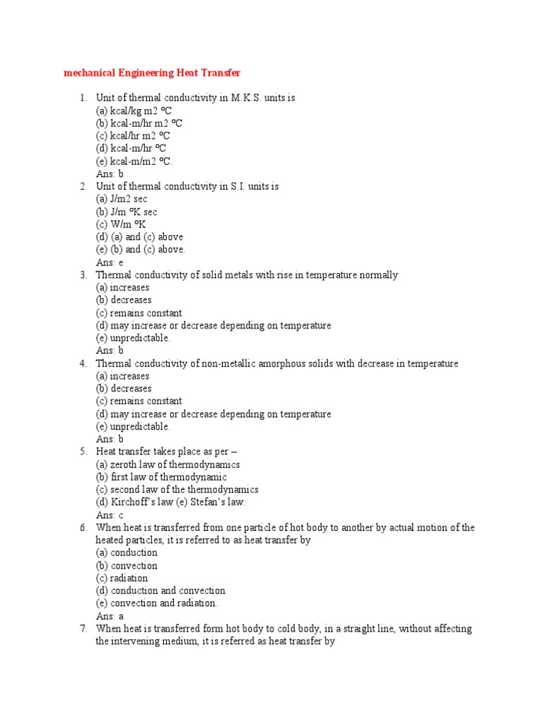 MCQ Heat Transfer PDF Heat Transfer Thermal Conduction