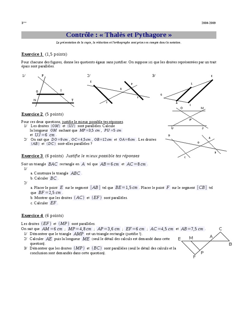 Réciproque De Pythagore Exercices Corrigés Pdf 3 Controle Thales3ter PDF | PDF | Triangle | Espace