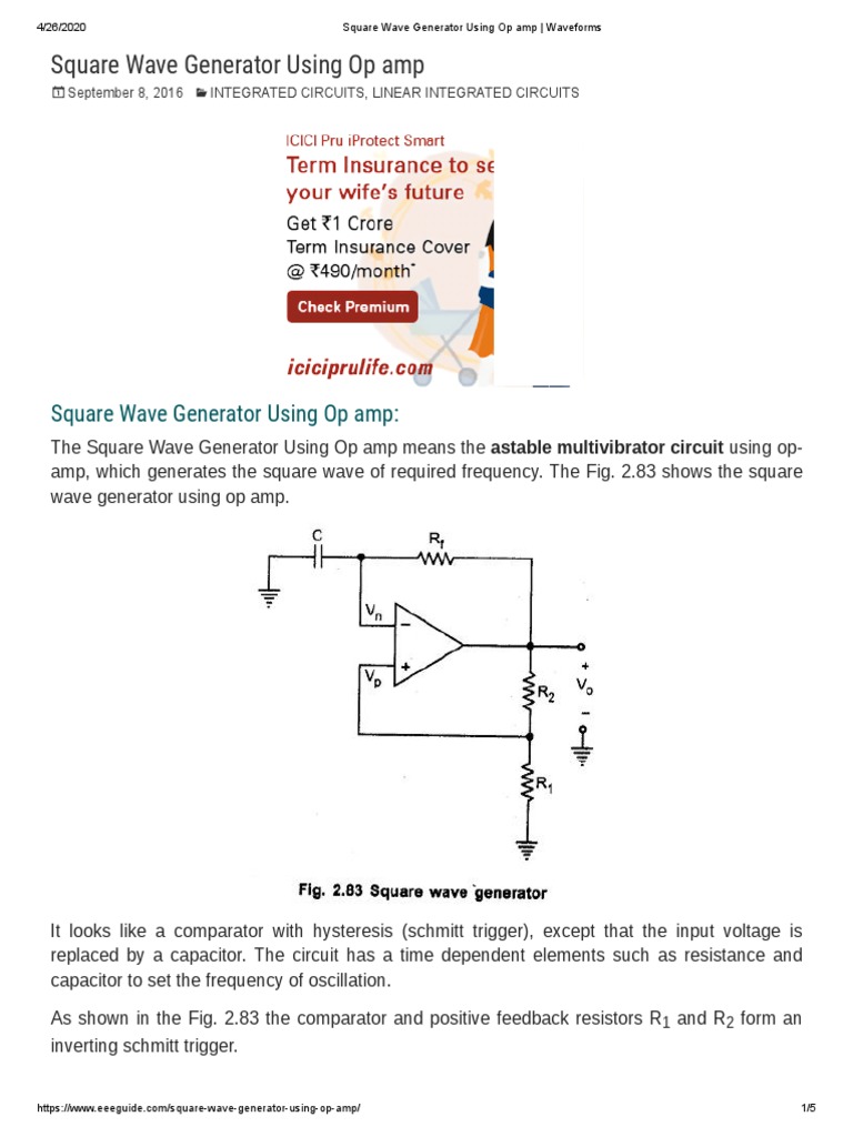 Square Wave Generator Using Op Amp Waveforms PDF Amplifier