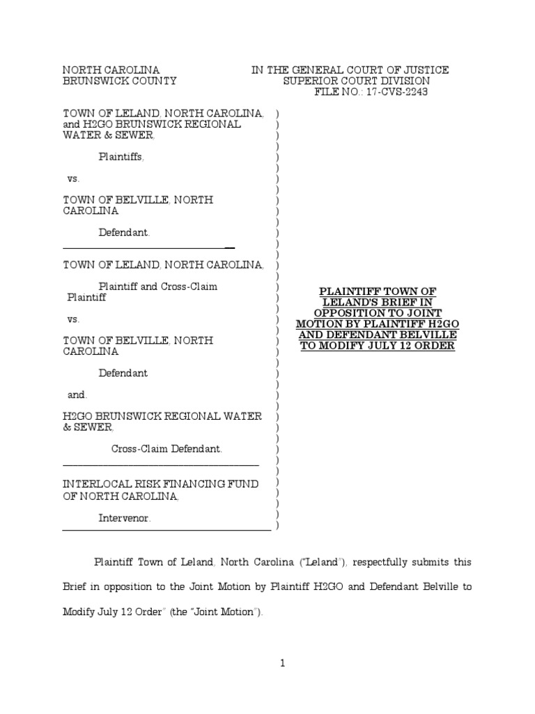 Leland's Opposition to H2GO-Belville Motion | PDF | Lawsuit | Estoppel