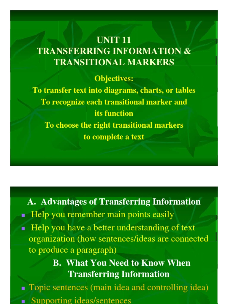 Unit 11 Transferring Information & Transitional Markers | PDF | Idea ...