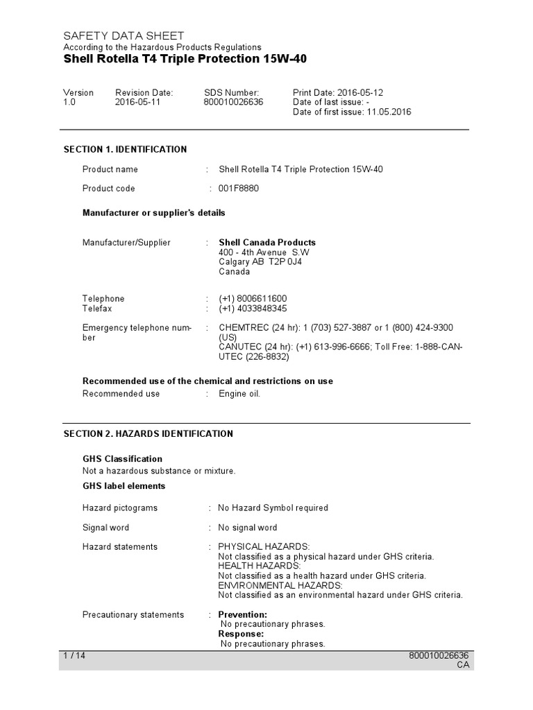 Shell Rotella T4 15W-40 Safety Data Sheet | PDF | Dangerous Goods ...