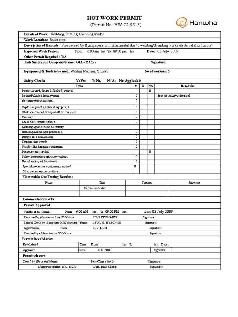 Hot Work Permit for Boiler Area | PDF | Welding | Construction