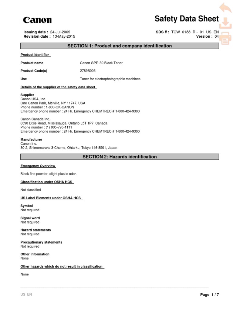 CANON (MSDS) PRINTER TONERGPR30Black Expires 180513 PDF Occupational Safety And Health