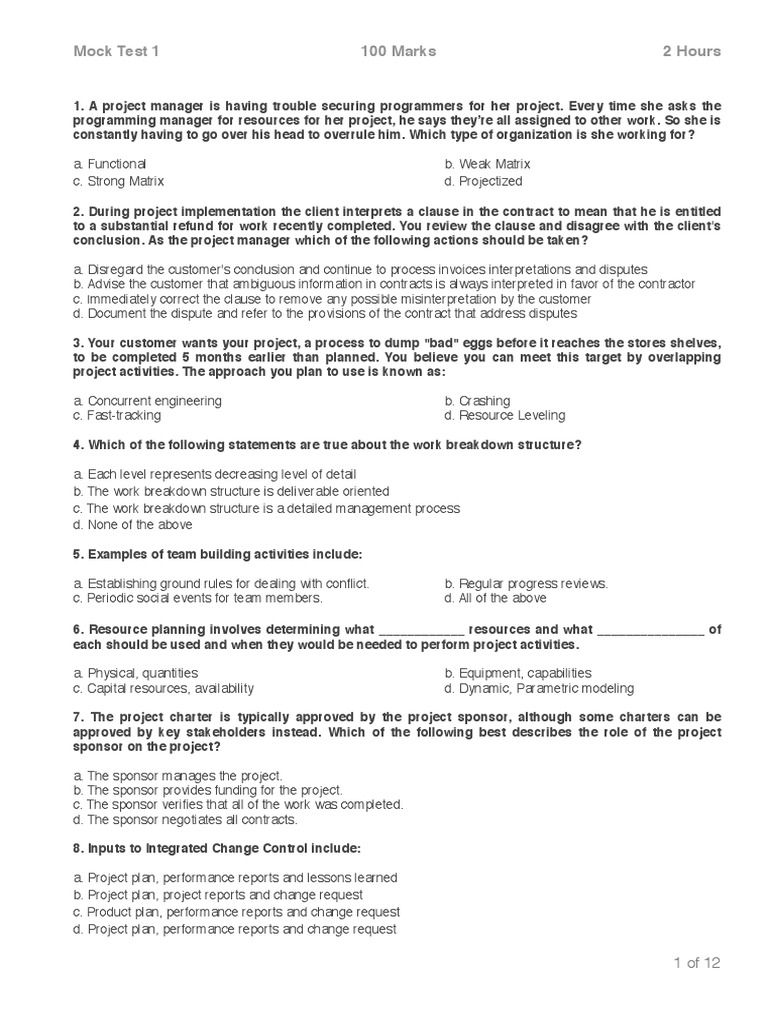 PMP Mock Test for Resource Management | PDF | Risk | Project Management
