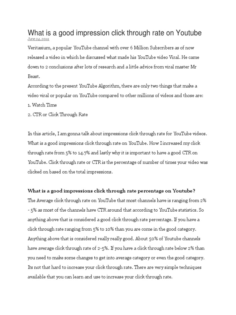 What Is A Good Impression Click Through Rate On Youtube June 24, 2019