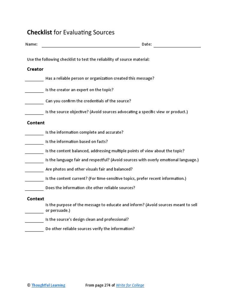 Source Evaluation Checklist | PDF
