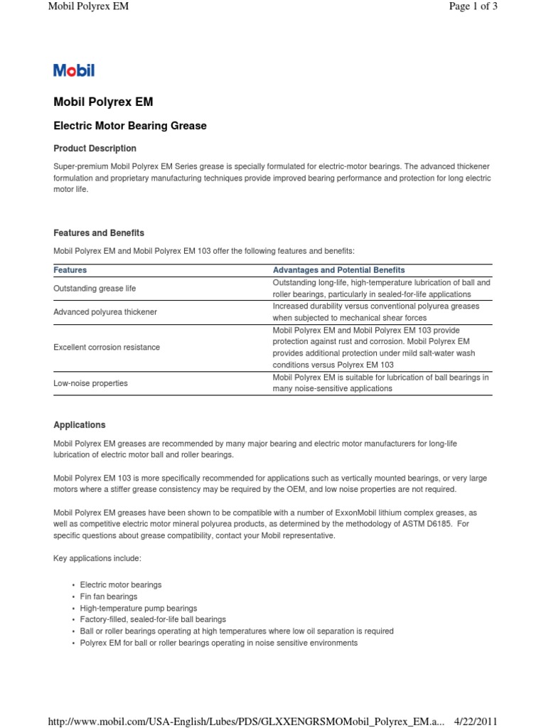 Mobil Polyrex EM Electric Motor Bearing Grease PDF Exxon Mobil