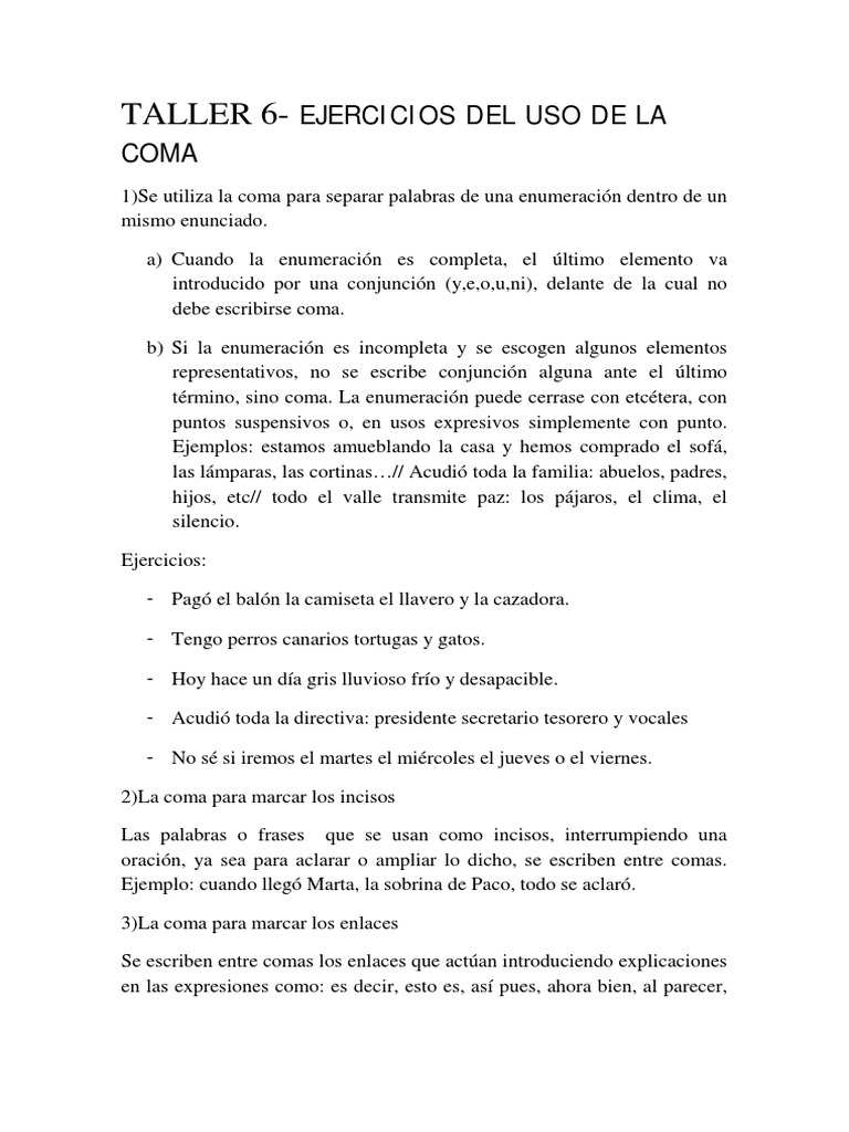 Ejercicios Prácticos sobre el Uso de la Coma | PDF
