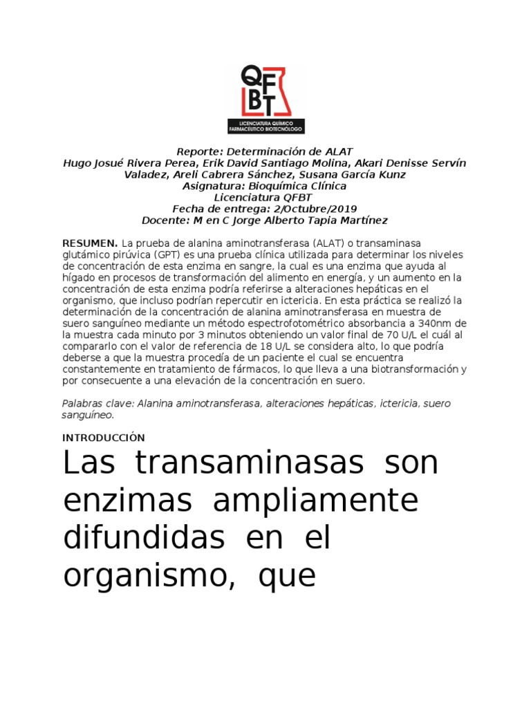 Determinación de ALAT en suero sanguíneo | PDF | Transaminasa | Bioquímica