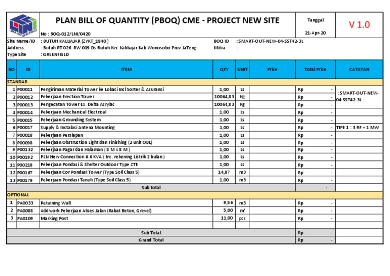 Plan Bill of Quantity (Pboq) Cme - Project New Site | PDF | Nature