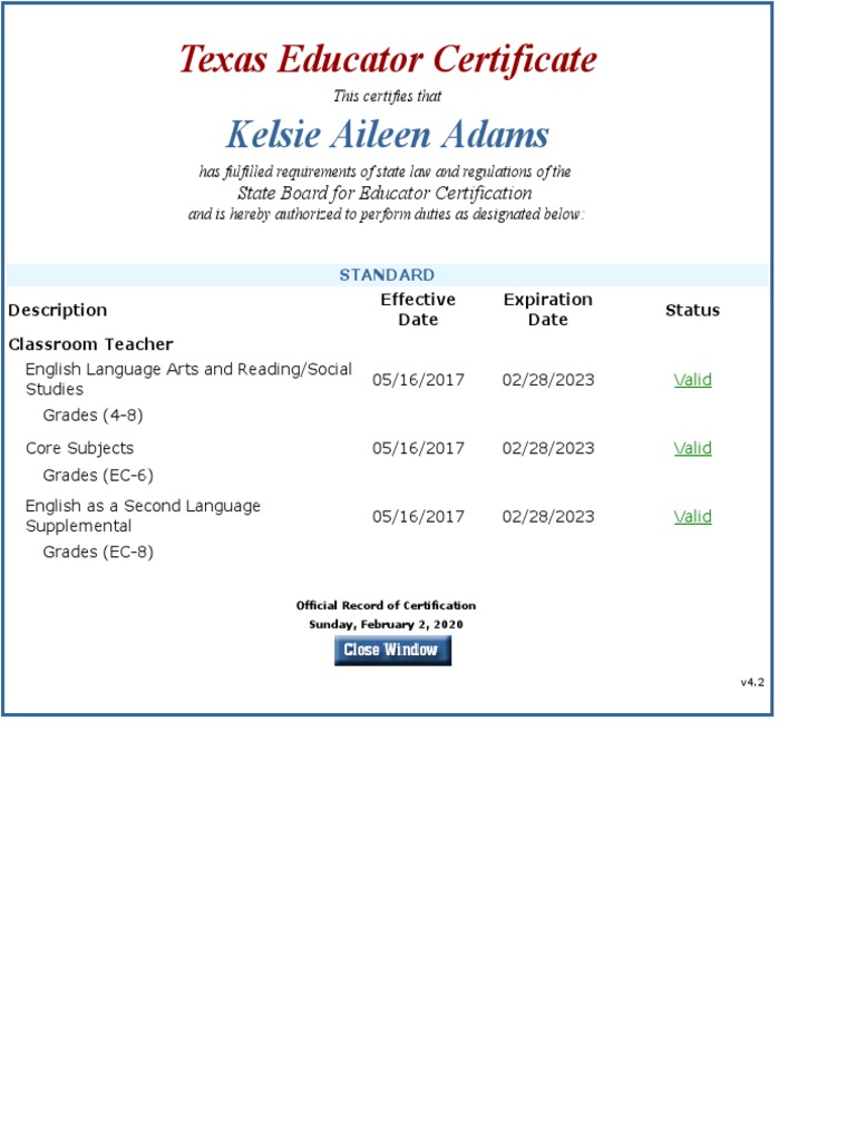 Sbec Official Record of Educator Certificate