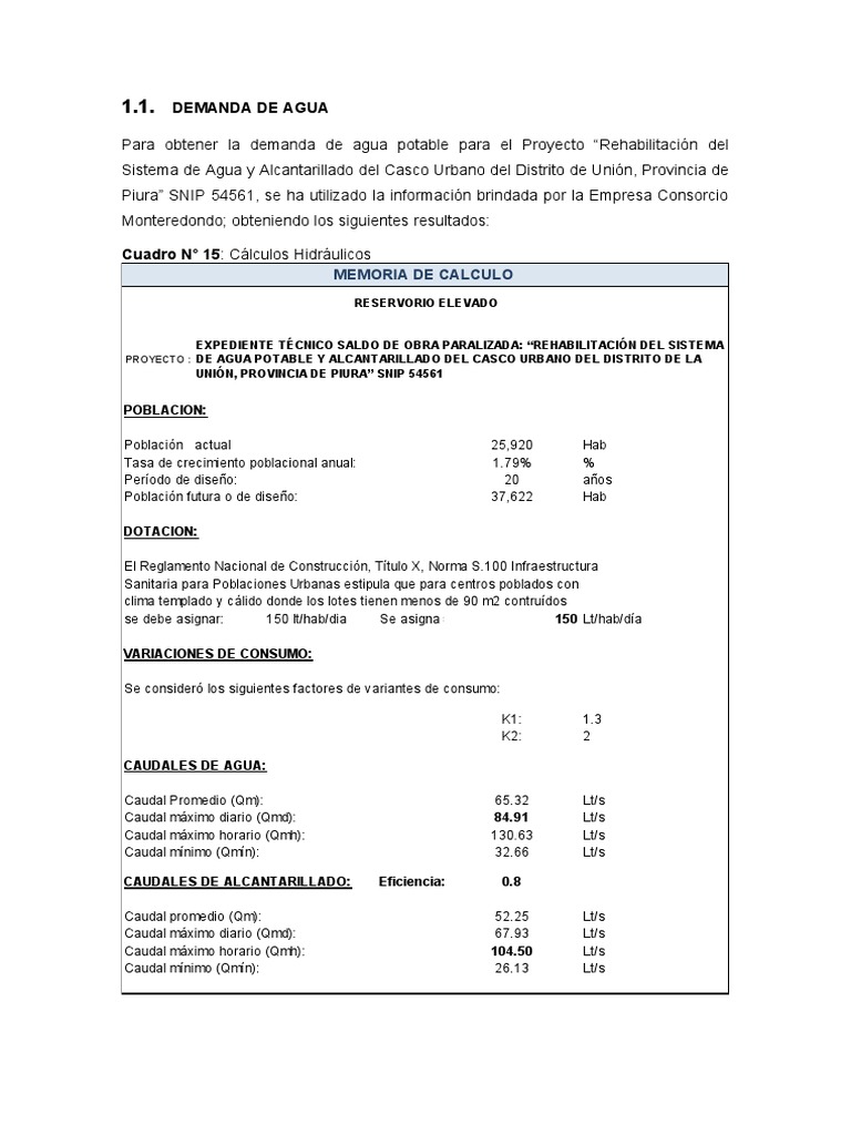 Demanda de Agua para Proyecto en Piura | PDF | Reservorio | Alcantarillado