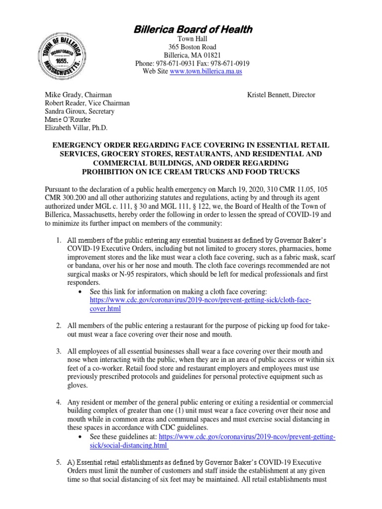 Board of Health Emergency Order Regarding Face Coverings | PDF | Retail ...