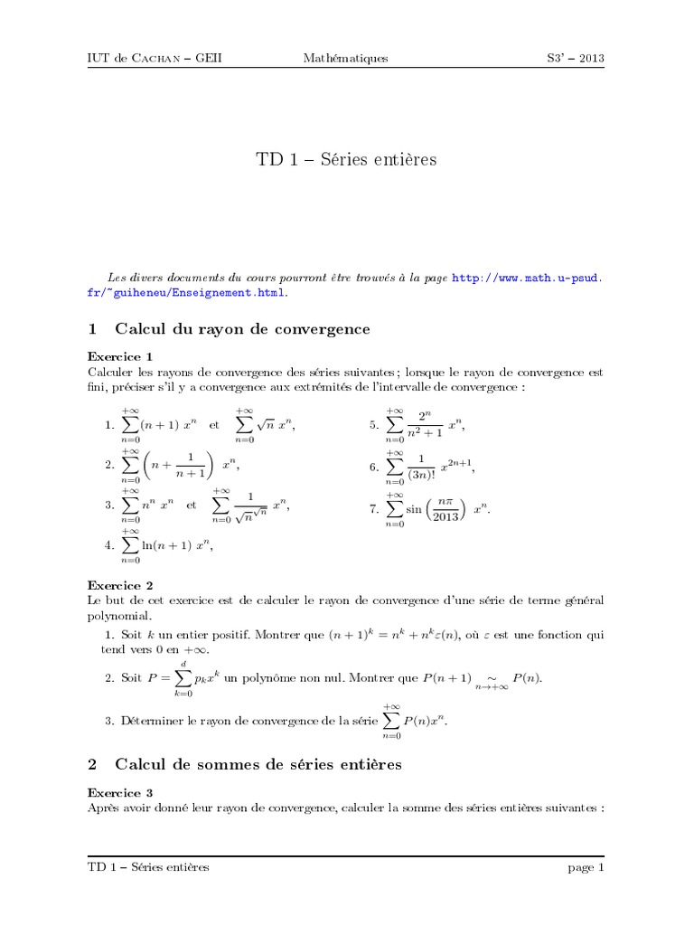 Calcul du rayon de convergence des séries PDF Série entière — free download