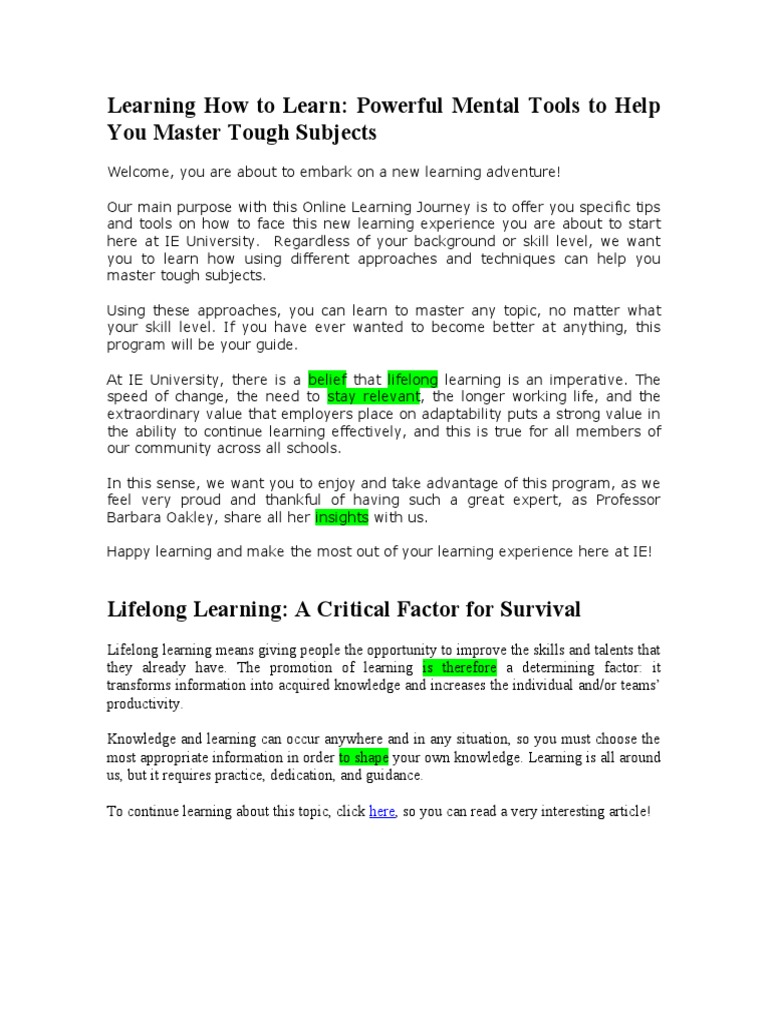 LEARNING HOW TO LEARN POWERFUL MENTAL TOOLS TO HELP YOU intelligence overview