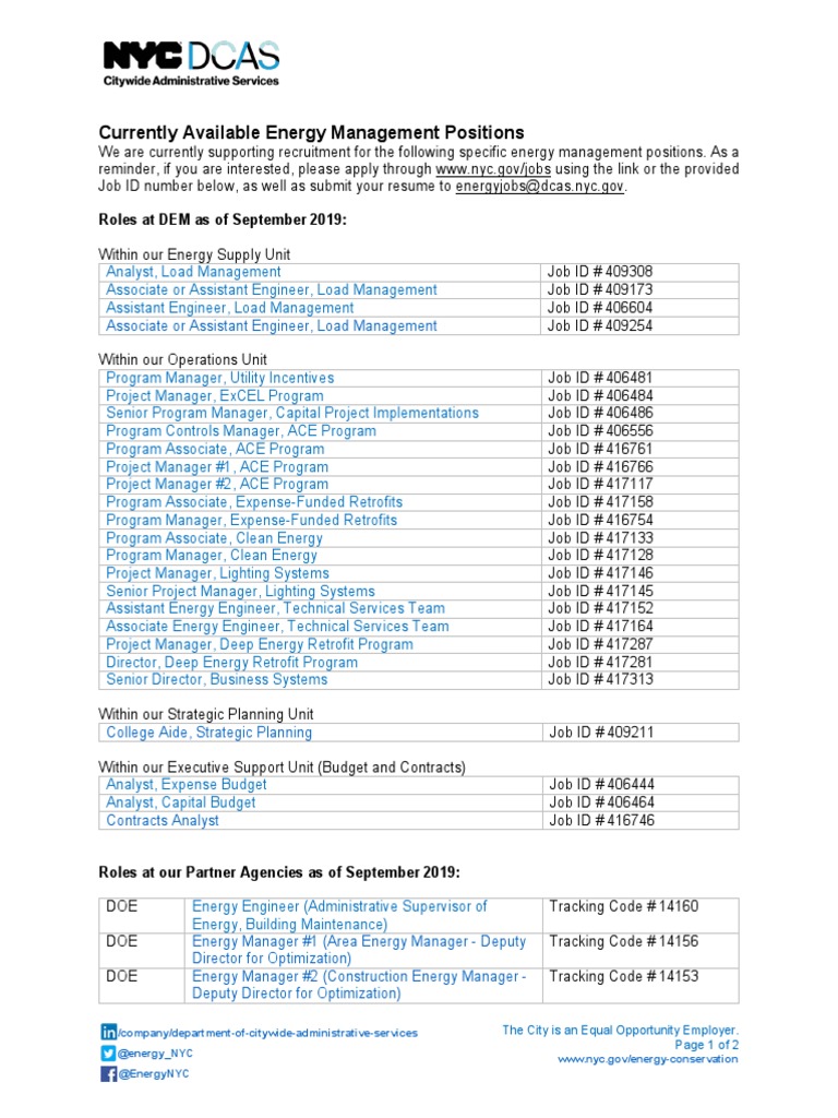 Currently Available Energy Management Positions: Roles at DEM As of ...