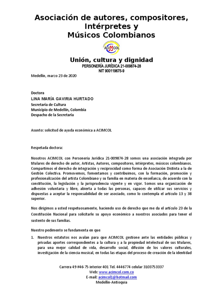 Carta Solicitud Secretaria Cultura Municipio 2020 Colombia Derechos De Autor