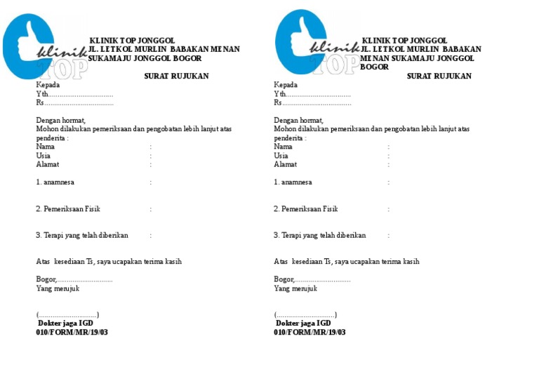 Surat Rujukan Klinik Top Jonggol | PDF