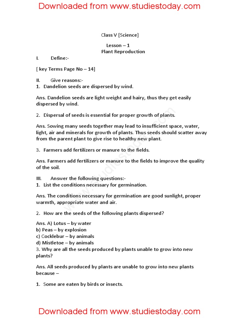Cbse Class 5 Science Plant Reproduction Pdf Seed Plants