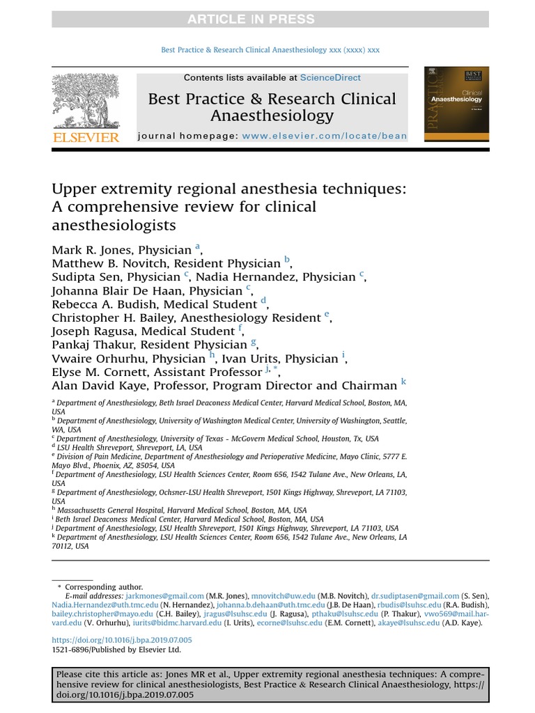 Upper Extremity Regional Anesthesia Techniques A Comprehensive Review