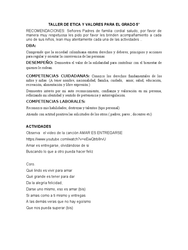 Taller de Ética y Valores Grado 5° | PDF | Felicidad | Modificación de ...