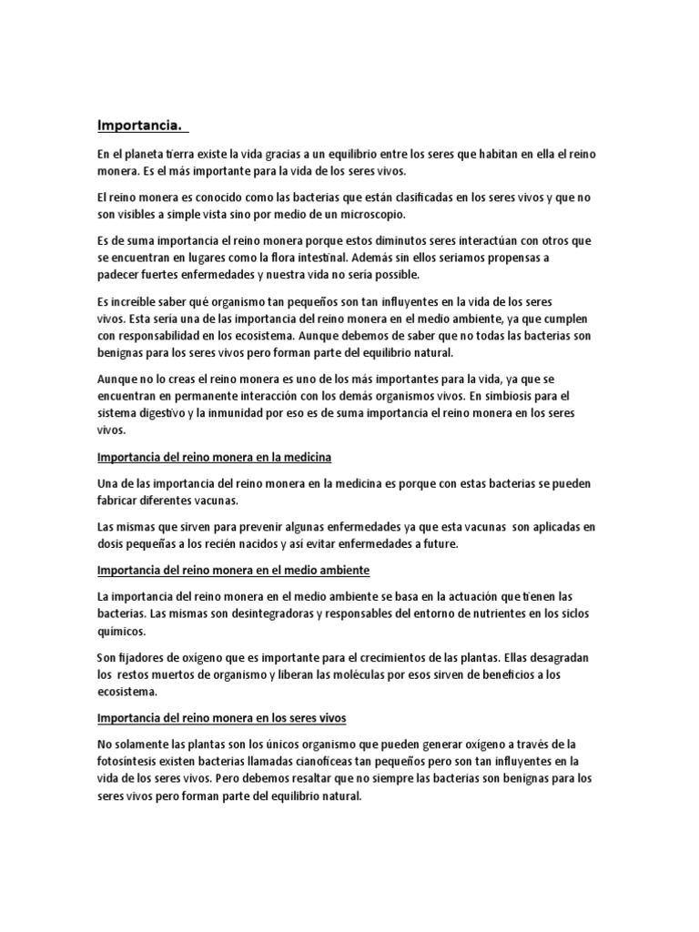 Importancia Del Reino Monera | PDF | Ciencia y matemáticas
