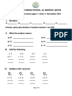 Dps-Modern Indian School, Al Wakrah - Qatar Weekly Test Revision Paper 1, Class 1, November 2013