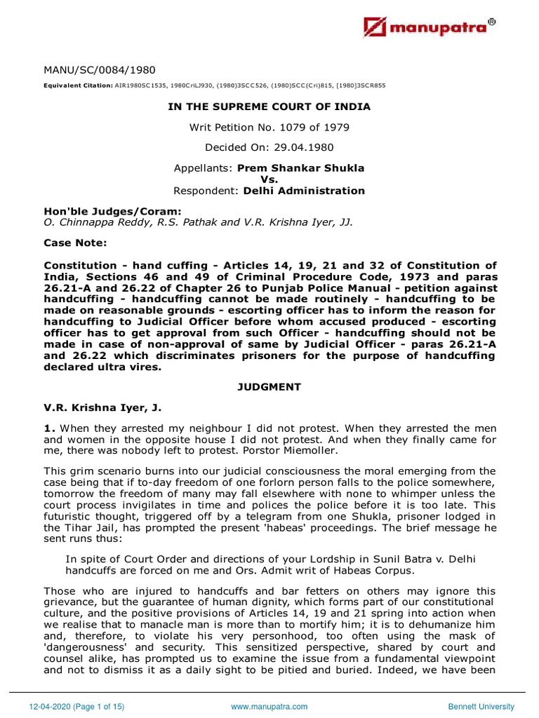 O. Chinnappa Reddy, R.S. Pathak and V.R. Krishna Iyer, JJ | PDF ...