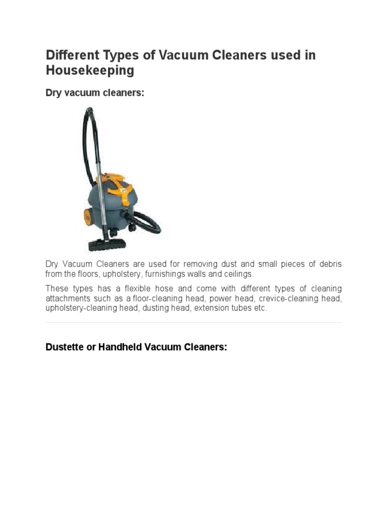 Different Types of Vacuum Cleaners Used in Housekeeping PDF Vacuum