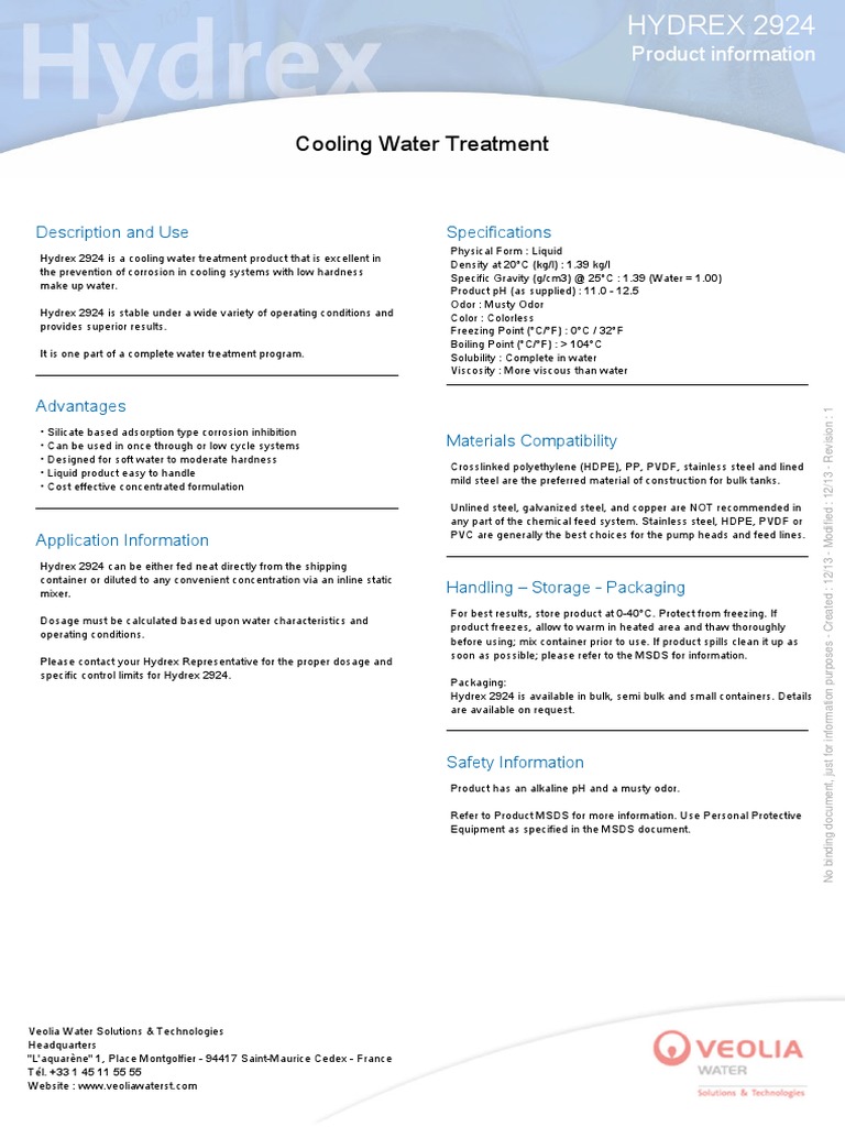 Cooling Water Treatment: Product Information | PDF | Corrosion | Water