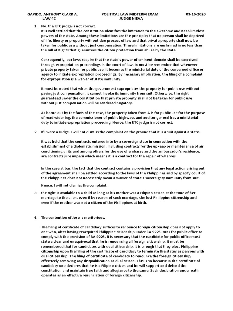 Political Law Midterm Exam Analysis | PDF | Eminent Domain | Confession ...
