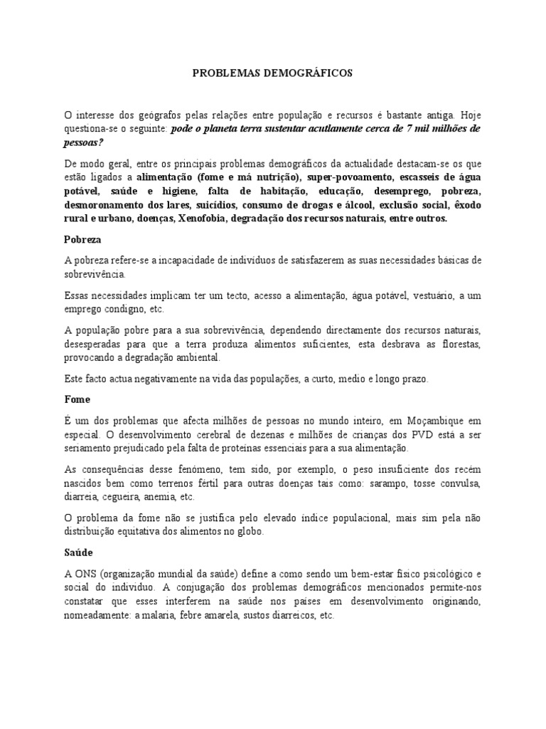 Causas e Consequências dos Problemas Demográficos | PDF | Crescimento ...